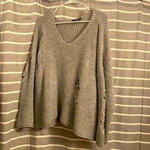 V-neck Knit Sweater- Ripped Detail